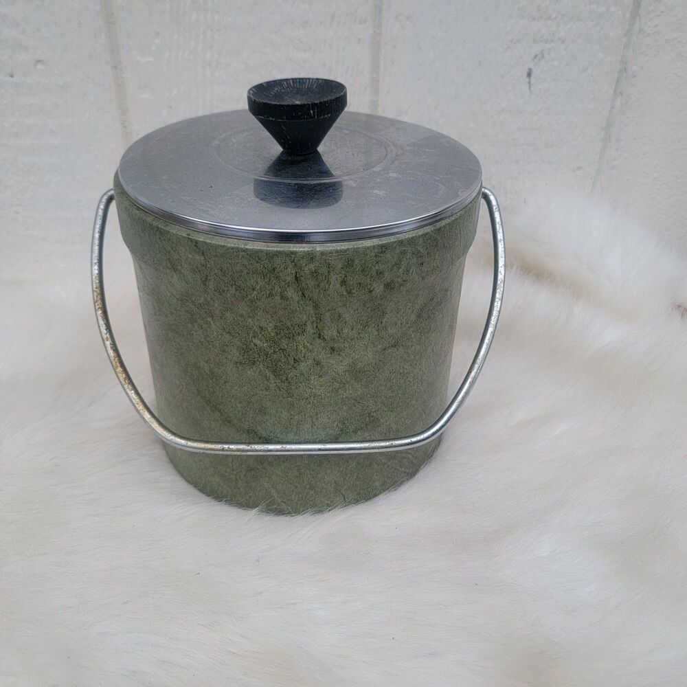 Vintage MCM Leather Wrapped Ice Bucket Avacado Green Silver Lid